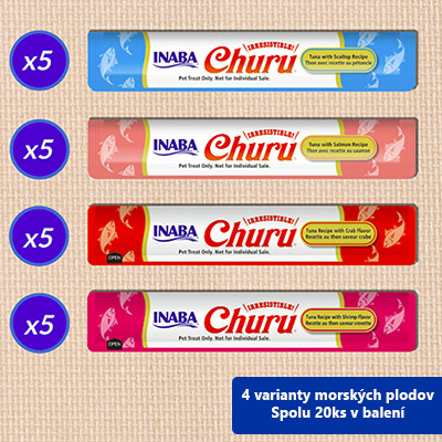 Inaba Cat Churu Multipack - Tuniak a Morske plody 4 varianty 20ks 280g obsah popis